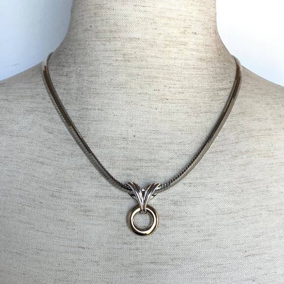 Sterling Silver 925 Vermeil Two Tone Round Slide Pendant Necklace Herringbone - Picture 2 of 16